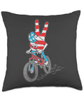 Patriotic Bikepacking Throw Pillow For Fourth Of July And Summer Trails Peace Design, cartoon bike rider, Americana vibe cushion