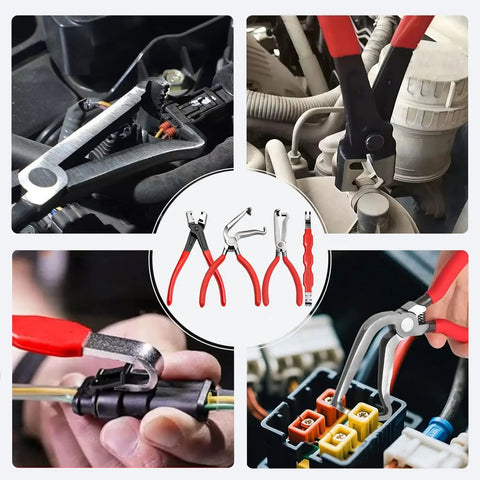 Five Piece Electrical Disconnect Pliers Set For Cars Trucks And SUVs Pro Grade in use on automotive wiring
