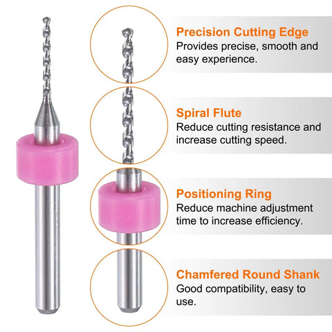 Close-up of Three-Set 30-Piece PCB Drill Bit Set With One Eighth Inch Shank, featuring tungsten carbide bits and positioning ring.
