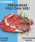 Beefy Heavy Duty Vacuum Sealer Bags 6x10 And 8x12 Inches 280 Pack BPA Free Pouches visual comparison of vacuum vs non-vacuum sealed meat