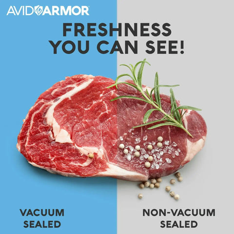 Beefy Heavy Duty Vacuum Sealer Bags 6x10 And 8x12 Inches 280 Pack BPA Free Pouches visual comparison of vacuum vs non-vacuum sealed meat