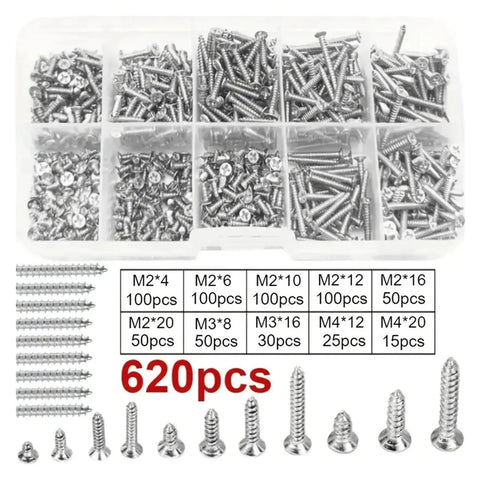 Wood Screws Set For Furniture Repair And Woodworking Self Tapping M2 To M4 Thread Size 100 Or 620 Pieces in box