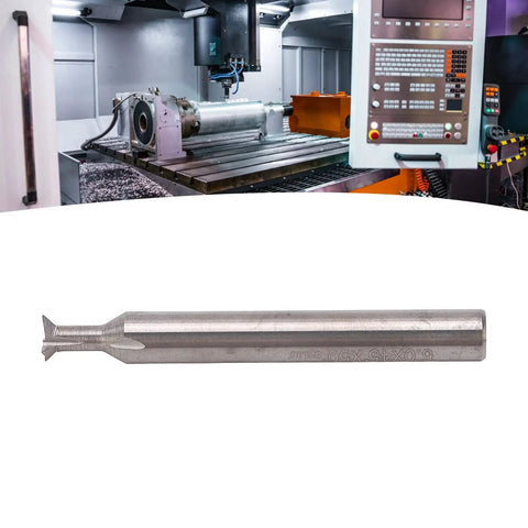 FourFlute Carbide Dovetail Router Bit 6Mm Shank 50Mm Length 45Degree Cut with CNC machine background for woodworking.
