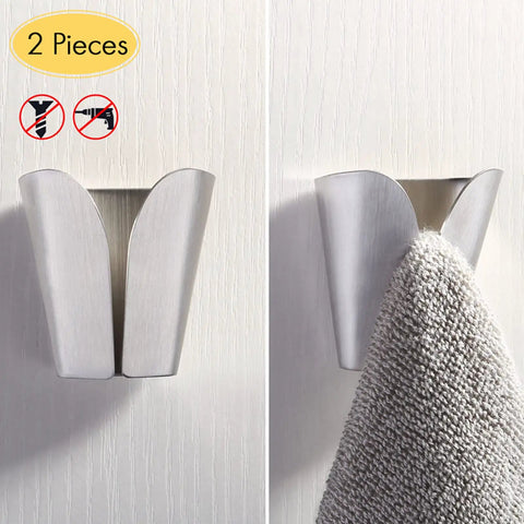 Stainless Steel V Type Towel Hook With Strong Adhesive No Drill Wall Mount For Kitchen And Bathroom, scratch resistant, 2 pieces.