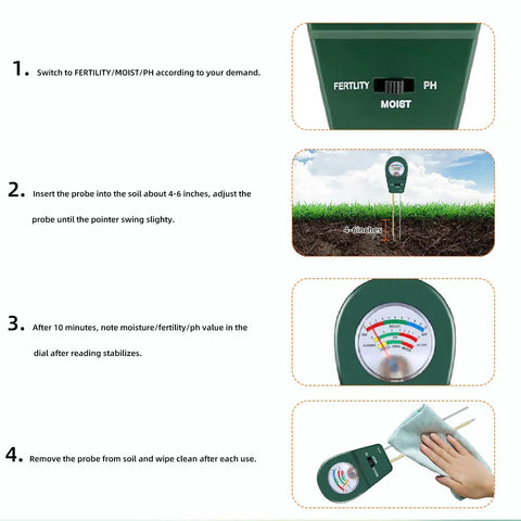 Step-by-step guide for 3-In-1 Soil Moisture Meter pH And Fertility Tester For Indoor And Outdoor Plants, showing setup and use.