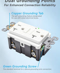Top Shelf 20 Amp GFCI Outlet With Auto Self Triggering Ground Fault Breaker And Bright Led Light Weather Proof Receptacle detailing dual grounding points.