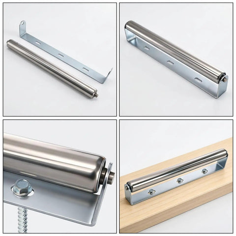 Two Pack 16 Inch Conveyor Roller And Bracket Set With 1.5 Inch Diameter pro grade heavy duty galvanized steel rollers in use in woodworking shop