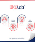 Image showing Okulab logo with icons for professional team, technical support, overall after-service, and safe package.