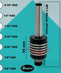 Rotary Broach Live Revolving Center Kit for Lathe MT3 with 7 Pc HSS Square Punch Set, detailed dimensions shown.