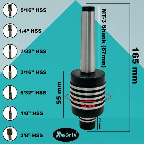 Rotary Broach Live Revolving Center Kit for Lathe MT3 with 7 Pc HSS Square Punch Set, detailed dimensions shown.