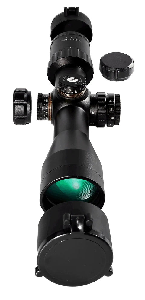 Close-up of PCP Air Rifle Scope 4 To 12x40 with BDC Reticle, featuring 30mm aluminum tube and lens caps