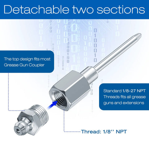 Gulfmew grease needle nozzle with 1/8 in NPT threads and metal adapter, close-up view