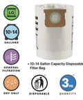 Disposable Filter Bags For Dry Pick Up Only Fits 10 To 14 Gallon Vacuums Three Pack Non Hazardous Materials Easy To Use Hassle Free
