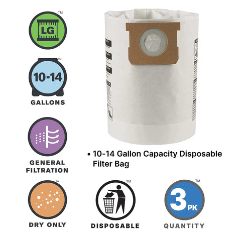 Disposable Filter Bags For Dry Pick Up Only Fits 10 To 14 Gallon Vacuums Three Pack Non Hazardous Materials Easy To Use Hassle Free