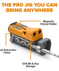 Pro Compact Pocket Hole Jig Kit With Auto Adjusting Drill Guide showing magnetic clamp holder and drill bit storage.