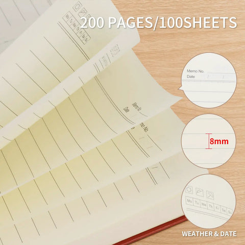 Open pages of Engineer Definition Leather Journal Notebook For Gearheads And Builders with memo lines and date sections