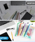 Desk organization with 108 Pack Mesh Zipper Pencil Pouches Bulk Set, 9.5x4.5 Inch Waterproof Pencil Cases in 12 colors before and after