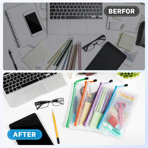 Desk organization with 108 Pack Mesh Zipper Pencil Pouches Bulk Set, 9.5x4.5 Inch Waterproof Pencil Cases in 12 colors before and after