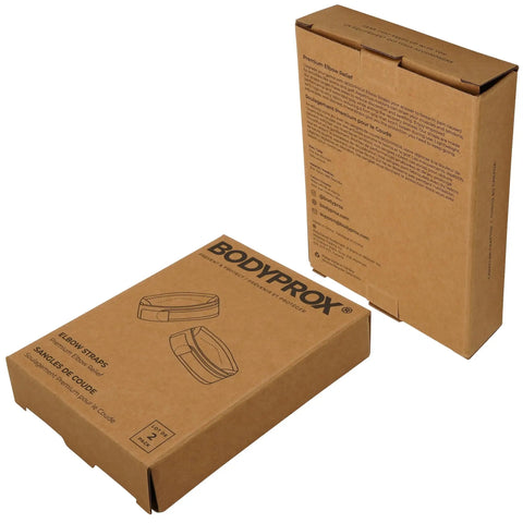 Packaging for Elbow Brace Duo Pack For Tennis And Golfer's Elbow Pain Relief with adjustable Velcro straps visible
