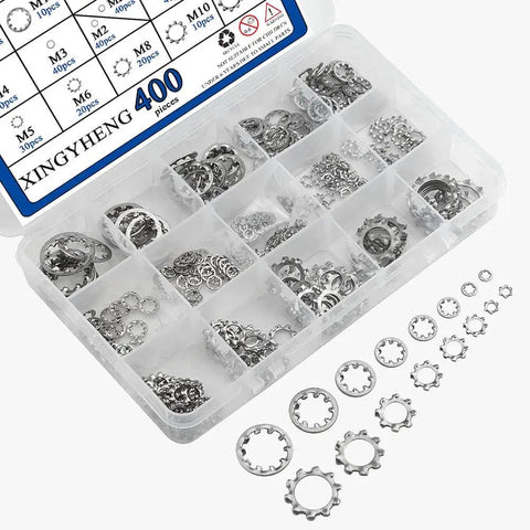 Stainless Steel External And Internal Tooth Star Lock Washer Circlip Snap Ring Kit 400 Pieces 8 Sizes 304 Grade M2 M3 M4 M5 M6 M8 M10 M12 Pro Grade