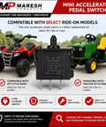 Direct Swap Replacement Mini Accelerator Pedal Switch, Three Pin Plunger Foot Switch Fits MEPU0005X And MEPU0005P Rides shown with ATV and tractor models.