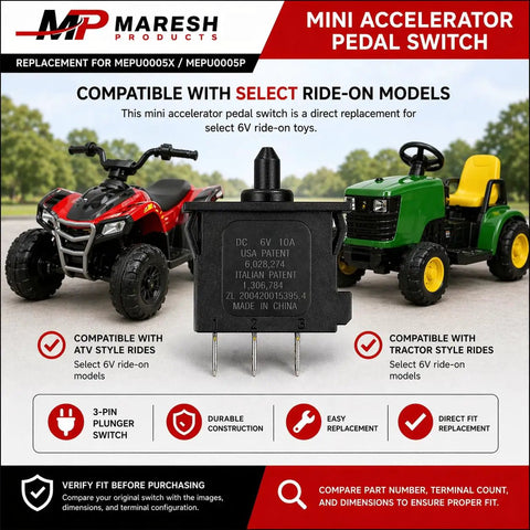 Direct Swap Replacement Mini Accelerator Pedal Switch, Three Pin Plunger Foot Switch Fits MEPU0005X And MEPU0005P Rides shown with ATV and tractor models.