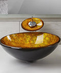USZWBY Bathroom Vessel Sink,Tempered Glass Yellow Art Basin Round Bowl, 16.5" Bathroom Sinks with Waterfall Faucet and Pop Up Drain,Countertop Installation, round yellow glass bowl design.