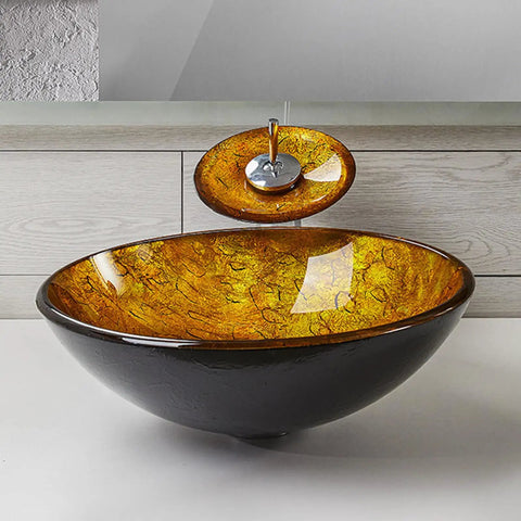 USZWBY Bathroom Vessel Sink,Tempered Glass Yellow Art Basin Round Bowl, 16.5" Bathroom Sinks with Waterfall Faucet and Pop Up Drain,Countertop Installation, round yellow glass bowl design.