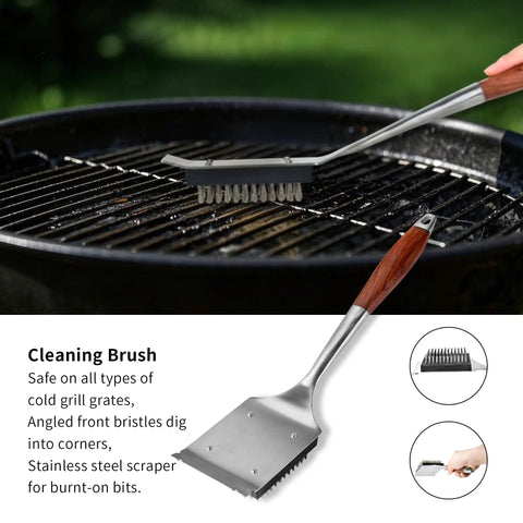 Heavy Duty Rosewood BBQ Tools Set For Grilling, Outdoor Grill Kit with cleaning brush on grilling grate