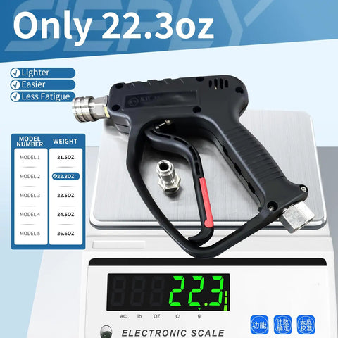 Beefy Pressure Washer Short Gun 5000 PSI Ten And A Half GPM Power Packed Spray Gun with swivel quick connect on scale showing 22.3 oz