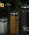 Solar Post Cap Light For 5x5 To 6x6 Posts Black Aluminum Auto On Off Weatherproof Outdoor Accent Built Tough Bright LEDs Up To 12 Hour Run Time Includes Adaptor And AA NiMH Battery Fits 5x5, 5.5x5.5 And 6x6 Posts displayed on three different post sizes