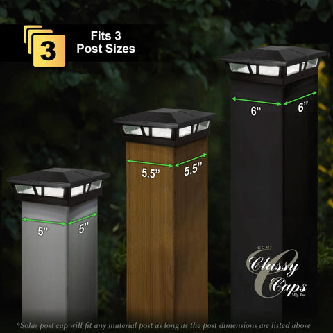 Solar Post Cap Light For 5x5 To 6x6 Posts Black Aluminum Auto On Off Weatherproof Outdoor Accent Built Tough Bright LEDs Up To 12 Hour Run Time Includes Adaptor And AA NiMH Battery Fits 5x5, 5.5x5.5 And 6x6 Posts displayed on three different post sizes