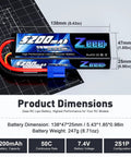 Hard Case 2S 5200mAh 7.4V 50C Lipo Battery With EC5 Plug alongside product dimensions displayed on a grid background.