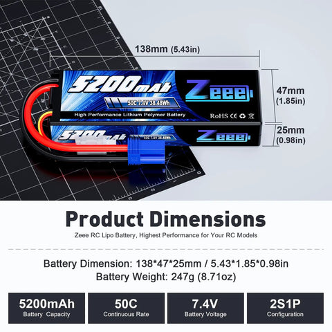 Hard Case 2S 5200mAh 7.4V 50C Lipo Battery With EC5 Plug alongside product dimensions displayed on a grid background.