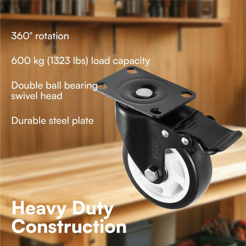 Heavy Duty Caster Wheels With Brakes For Carts And Furniture, 4 Pack Black Casters With Double Ball Bearing Swivel Heads