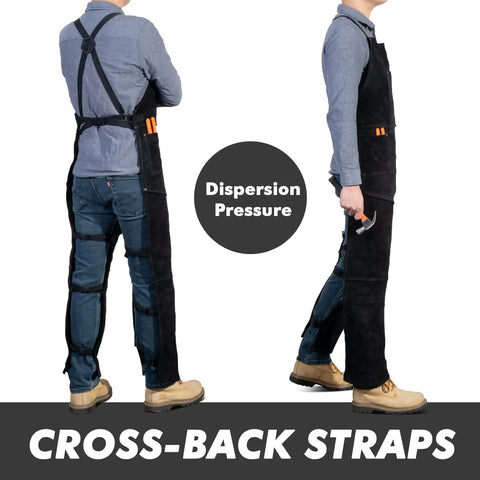 Pro Grade Heavy Duty Leather Welding Apron With Split Leg Design For Men And Women, cross-back strap view