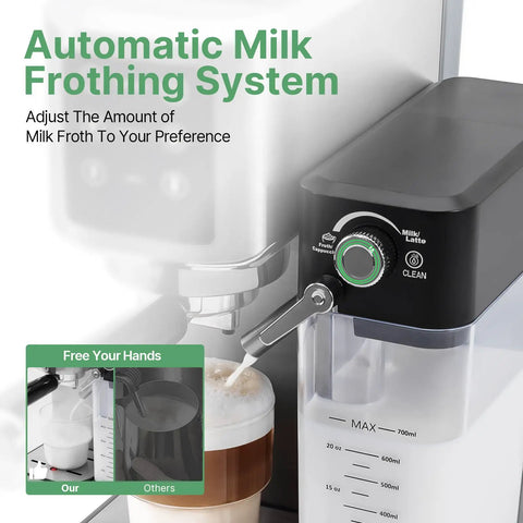 Semi Automatic Espresso Machine With Colorful Touchscreen And Sleek Stainless Steel Body Pulls Dope Barista Level Lattes Cappuccinos Plus Silky Milk Foam Effortlessly Right On Your Counter For Zero Sweat Morning Vibes showing automatic milk frothing system.