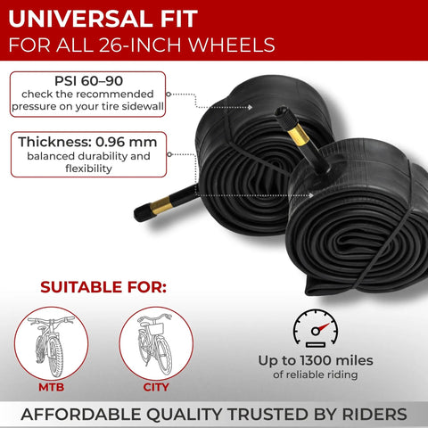 26 Inch Bike Inner Tube 26x1.25 To 1.50 Fits Mountain Hybrid And Road Bikes With 48mm Schrader Valve Butyl Rubber Durable Tubes Pack Of 2 for everyday riding and quick replacements