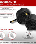 Two 26 Inch Bike Inner Tubes With Schrader Valve For 26x1.75 To 2.125 Tires, Durable Butyl Rubber, coiled and labeled for city and MTB use.