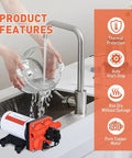 High Pressure 12V DC RV Water Diaphragm Pump with Smart Pressure Switch beside sink, displaying features and benefits