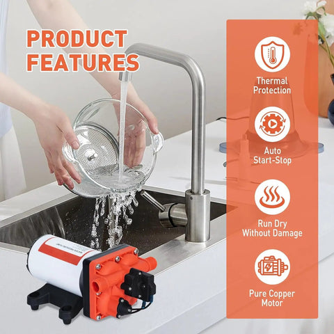 High Pressure 12V DC RV Water Diaphragm Pump with Smart Pressure Switch beside sink, displaying features and benefits