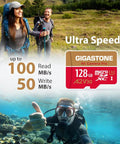 128GB Micro SDXC Memory Card UHS I U3 A2 V30 C10 For Ultra Smooth 4K Video Recording GoPro Action Cameras Drones DJI Nintendo Switch And More Crazy Fast High Speed Read Up To 100MBps And Write Up To 50MBps card and underwater scene with diver