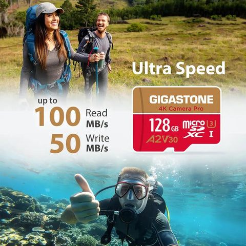 128GB Micro SDXC Memory Card UHS I U3 A2 V30 C10 For Ultra Smooth 4K Video Recording GoPro Action Cameras Drones DJI Nintendo Switch And More Crazy Fast High Speed Read Up To 100MBps And Write Up To 50MBps card and underwater scene with diver