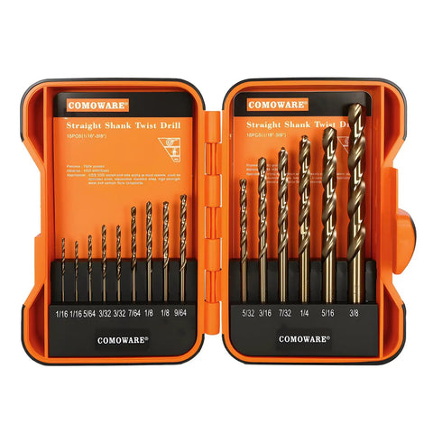 Beefy 15Pc M35 HSS Drill Bit Set With 1/16 To 3/8 Inch Bits, Jobber Length, Straight Shank, Metal Drill Bits For Steel Stainless Iron Wood Plastic, Rugged Indexed Storage Case in open view