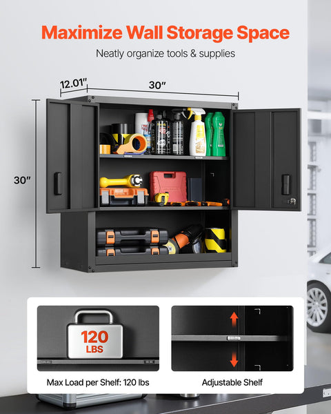 Heavy Duty Metal Wall Cabinet With Locking Doors And Adjustable Shelves, 30W x 12.01D x 30H Inches, Steel Floating for garage