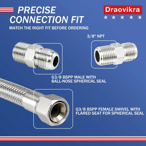 3/8 Inch Stainless Steel Flex Hose Npt Male Jumper 40 Inch Long For Air Compressors showing precise connection fittings.