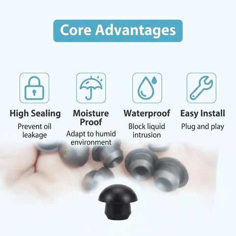 Core advantages of Six Pack Bottle Jack And Floor Jack Oil Filler Plug Set with 8mm rubber plugs depicted on white background.