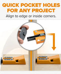Pro Compact Pocket Hole Jig Kit With Auto Adjusting Drill Guide demonstrated for edge alignment on wooden panels