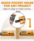 Heavy Duty Aluminum Pocket Hole Jig Kit With Auto Calibrating Clamp System aligned for quick pocket holes in projects.