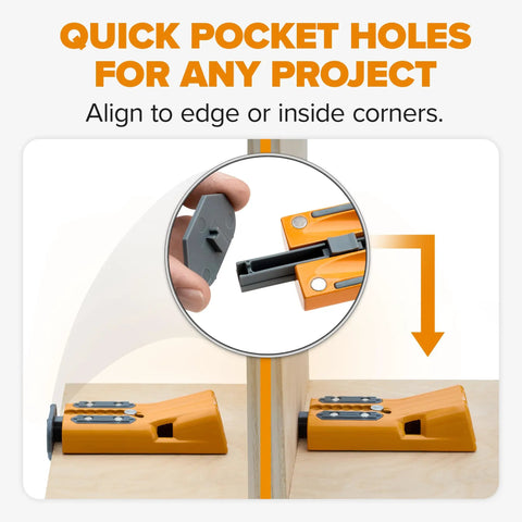 Heavy Duty Aluminum Pocket Hole Jig Kit With Auto Calibrating Clamp System aligned for quick pocket holes in projects.